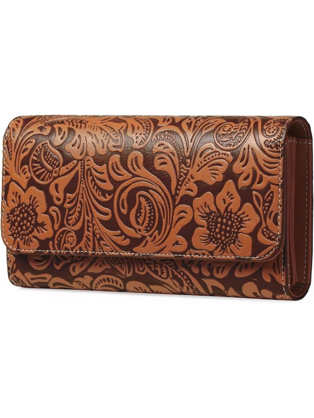 Stylish Vegan Leather Long Clutch Wallet with RFID Blocking, Embossed Flower